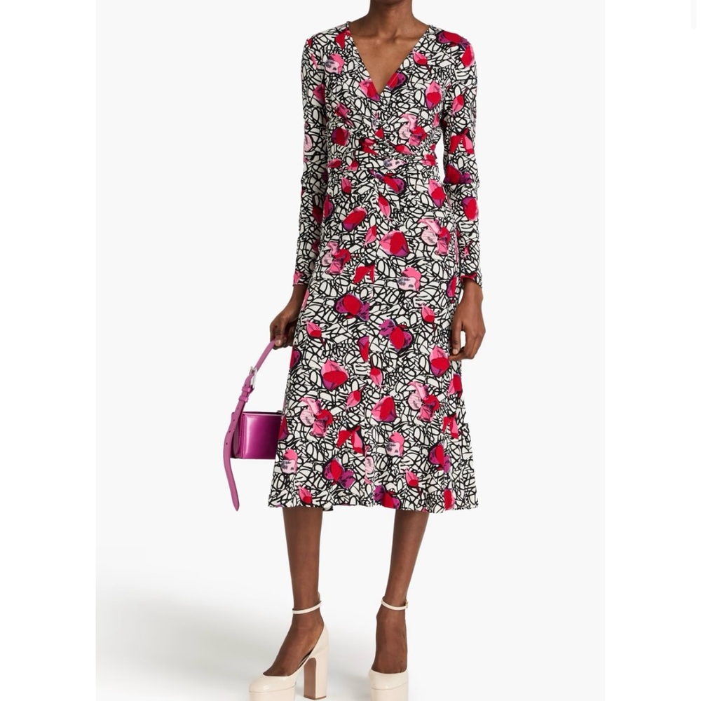 Floral V-Neck Dress - Black, Red, Pink
